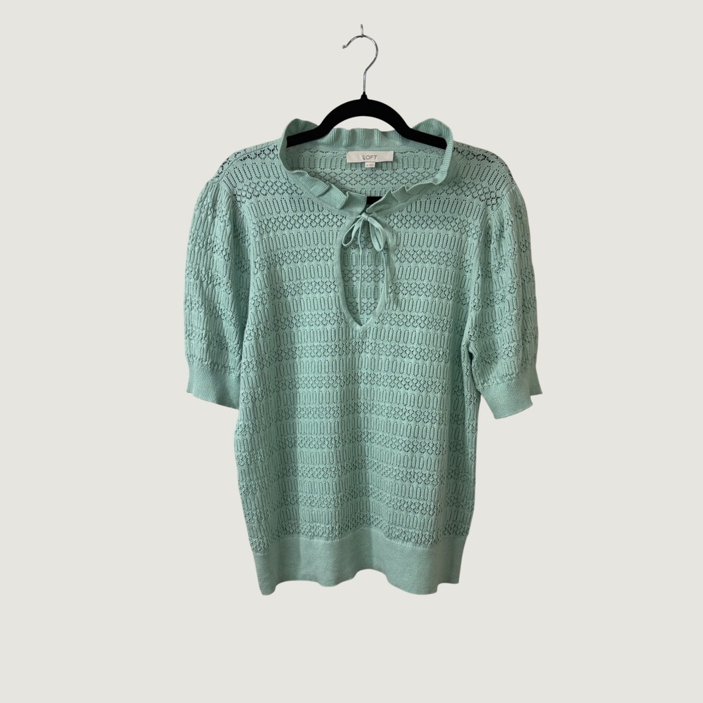 LOFT Pointelle Knit Ruffle Neck Sweater Mint Green XL Preppy Cottagecore Boho